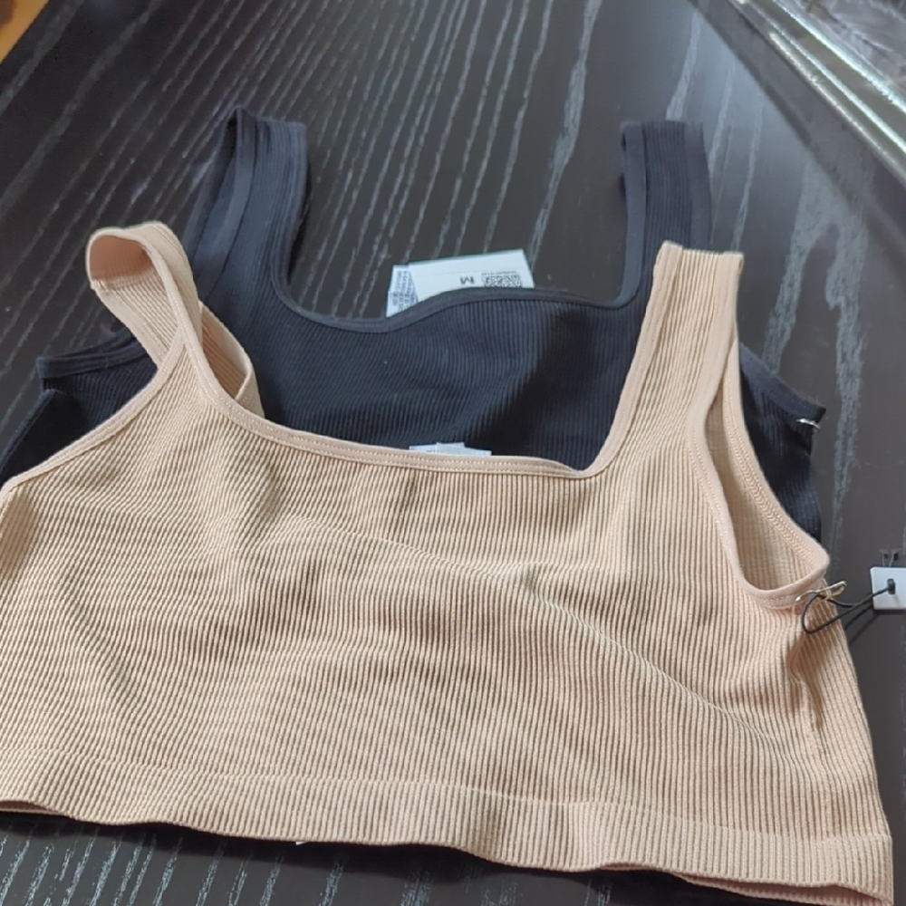 2 tops: One Black and One Beige Ribbed Crop Tops